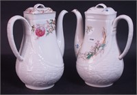 Two china coffeepots with basketweave