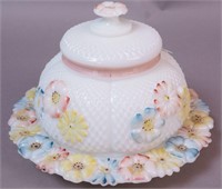 A Cosmos pattern milk glass covered butter dish,
