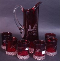 A ruby glass pitcher with clear applied handle