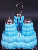 A blue milk glass condiment set: base,