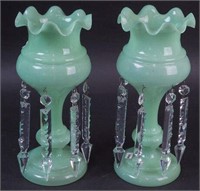 A pair of green lustres 11 1/2" high with prisms