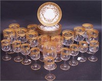12 glass goblets with gold enameling