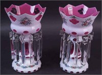A pair of milk glass overlay pink lustres