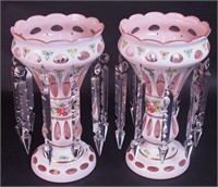 A pair of 12" pink and white cased lustres, each