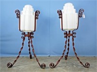 2 1930's Wrought Iron Light Stands w/ Shades