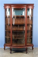 Curved Glass Oak China Cabinet w/ Mirror & Shelves