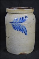 Salt Glazed Storage Jar w/ Cobalt Feathers
