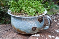 Vintage Blue & White Swirl Graniteware Flower Pot
