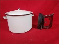 Vintage Enamel Pot & Antique Iron