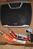 Box lot with scale, utility knife, B&D scissors