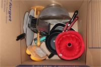 Box lot with frying pans, fry pan covers, grater