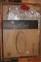 Box lot Pampered Chef round stone and baking tray