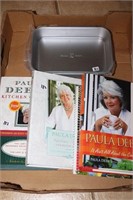 Box lot Paula Deen cookbooks and pans