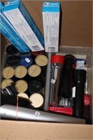 Box lot of Crest, flashlights, playing cards,