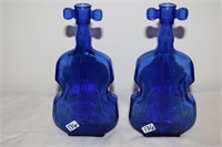 2 Cobalt blue bottles shaped like violins