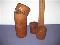 Hand Tooled Leather Container & 2 Smaller Cups