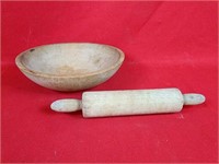 Vintage Wooden Dough Bowl & Rolling Pin