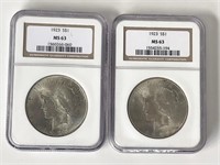 1923 PEACE DOLLARS NGC CERTIFIED MS63 -- LOT OF 2