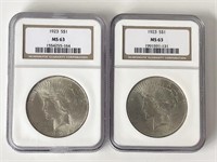 1923 PEACE DOLLARS NGC CERTIFIED MS63 -- LOT OF 2
