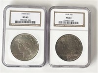 1924 PEACE DOLLARS NGC CERTIFIED MS63 -- LOT OF 2