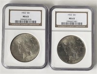 1922 PEACE DOLLARS NGC CERTIFIED MS63 -- LOT OF 2