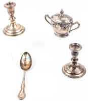 Sterling Silver Candlesticks, Sugar Bowl, & Spoon