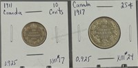 1911 Canadian Sterling 10 Cent and 1917 25 cent