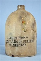 Crum Bros. Selmer, TN 2 Gal. Stoneware Whiskey Jug