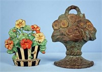 Two Cast Iron Flower Basket Doorstops - Hubley