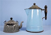 Graniteware Gray Tea Kettle & Blue Coffee Pot