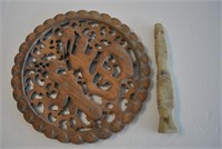 Asian Carved Wall Hanging & Antique Stone