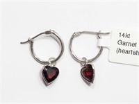 19-GC 14K White Gold Garnet Heart Hoop Earrings