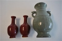Antique Asian Celadon Vase & 2 Red Vases