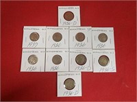 Ten 1936 & 1937 Buffalo Nickels