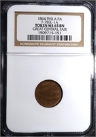 1864 CIVIL WAR TOKEN F-750L-1A, NGC MS-63 BN