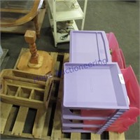 Pink/purple storage bins w/toys, wood tote
