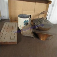 Copper tea pot, flour sifter