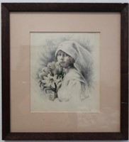 French Pen ink of a Red Cross nurse holding lilies