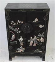 Chinese black lacquer hardstone cabinet