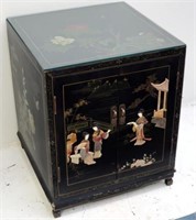Chinese gilded black lacquer hardstone cabinet
