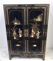 Chinese gilded hardstone black lacquer cabinet