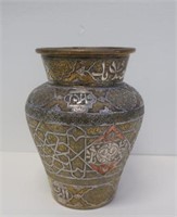 19thC Syrian silver brass inlaid copper vase
