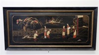 Chinese antique black lacquer hardstone panel