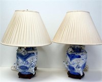 Pair Chinese blue and white porcelain Boys lamps