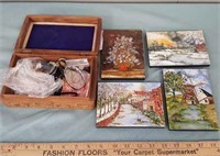 Wood Trinket Box With Contents & 4 Signed Painting