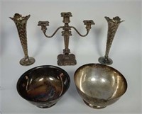 Silver Plate Candelabra, 2 Vases and Bowls