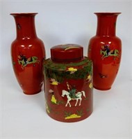 Pair Ceramic Japanese Vases & Chinese Lidded Jar
