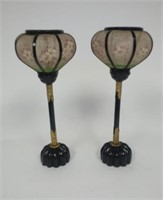 Pair Chinese Lantern Candlesticks & Silk Shades