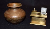 Chinese Brass Inkwell & Indian Bronze Vase