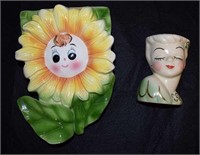 (2) Vintage Ceramic Wall Pockets Sunflower & Head